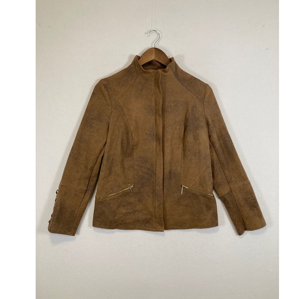 Chico's‎ Faux Suede Jacket Womens Small Brown Distressed Lace Up Cuff Mock Neck